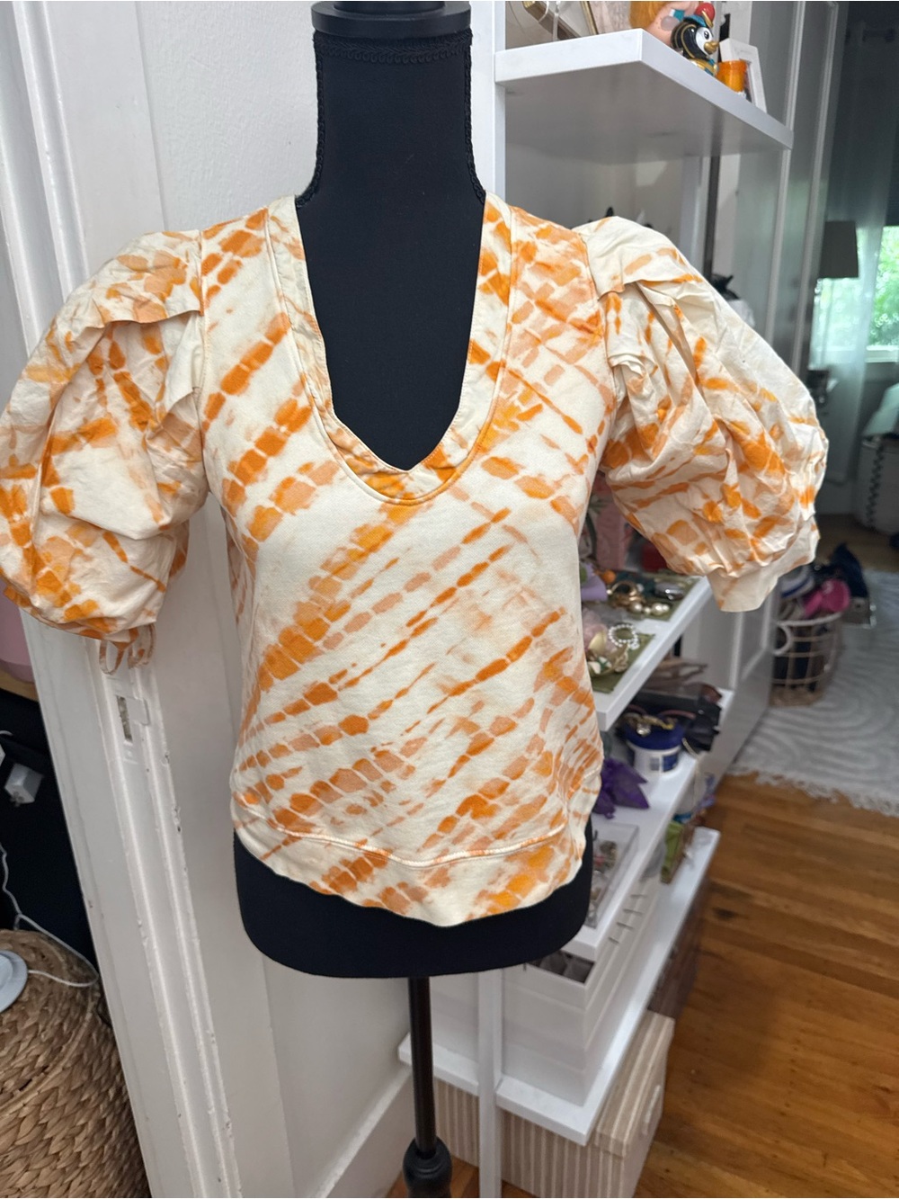 Marie Oliver Cream and Orange Tie-Dye Puff Sleeve Top
